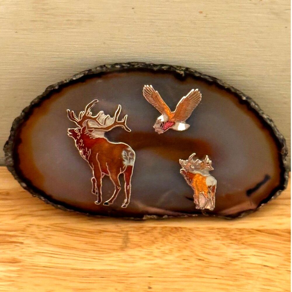 Handmade Agate Banded Slab Belt Buckle with an Elk, Eagle & Deer